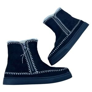 MIA Womens Black Suede Faux Fur Lined Whipstitch Ankle Boots Size 8.5 4101